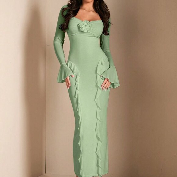 Green Elegant Women's Long Sleeve Floral 3d Decorative Ruffled Dress - Picture 8 of 8